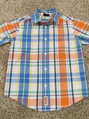 Wrangler Button Up Shirt Toddler Boys XS 4/5 Blue Plaid Short Sleeve Collar Top